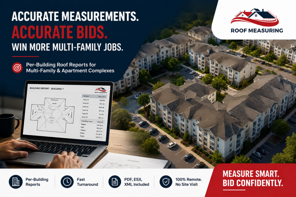 Aerial view of a multi-family apartment complex with a digital roof measurement report displayed on a laptop, highlighting accurate per-building roof measurements, fast turnaround, and PDF, ESX, and XML reports from Roof Measuring.