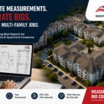 Aerial view of a multi-family apartment complex with a digital roof measurement report displayed on a laptop, highlighting accurate per-building roof measurements, fast turnaround, and PDF, ESX, and XML reports from Roof Measuring.