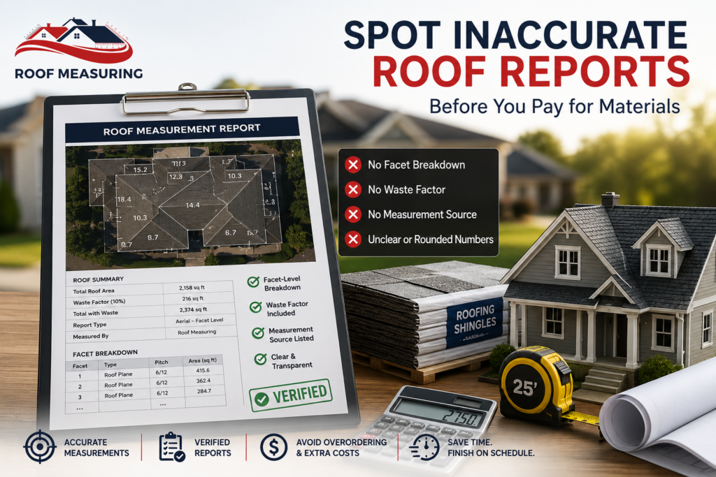 Roof measurement report with facet-level roof details, waste factor, and measurement source displayed beside roofing materials and a home, illustrating how to identify inaccurate roof reports before ordering materials.