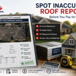 Roof measurement report with facet-level roof details, waste factor, and measurement source displayed beside roofing materials and a home, illustrating how to identify inaccurate roof reports before ordering materials.