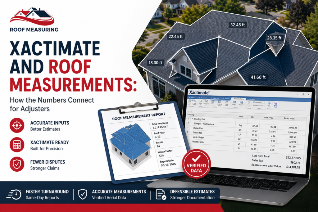 Xactimate estimating software with a verified aerial roof measurement report, roof dimensions, and accurate roof data for faster insurance claims and fewer estimate disputes.