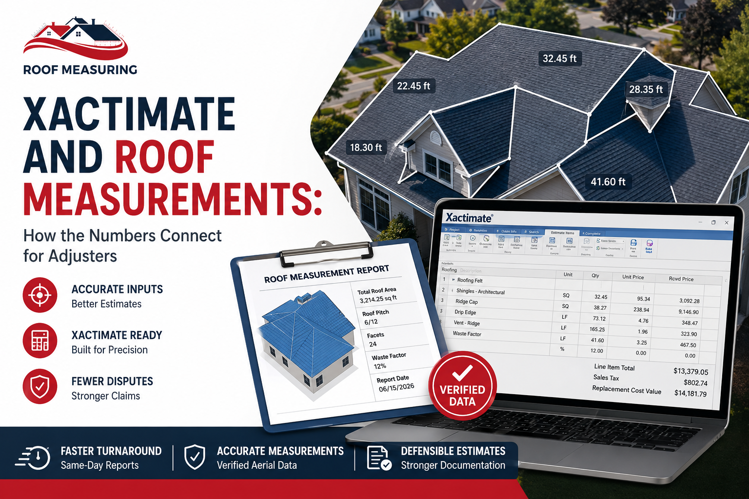 Xactimate estimating software with a verified aerial roof measurement report, roof dimensions, and accurate roof data for faster insurance claims and fewer estimate disputes.