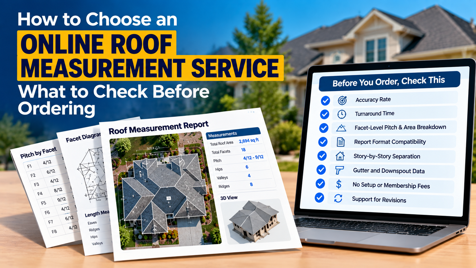 Online roof measurement service checklist showing roof measurement reports, roof pitch, facet-level area breakdown, accuracy, and report format compatibility
