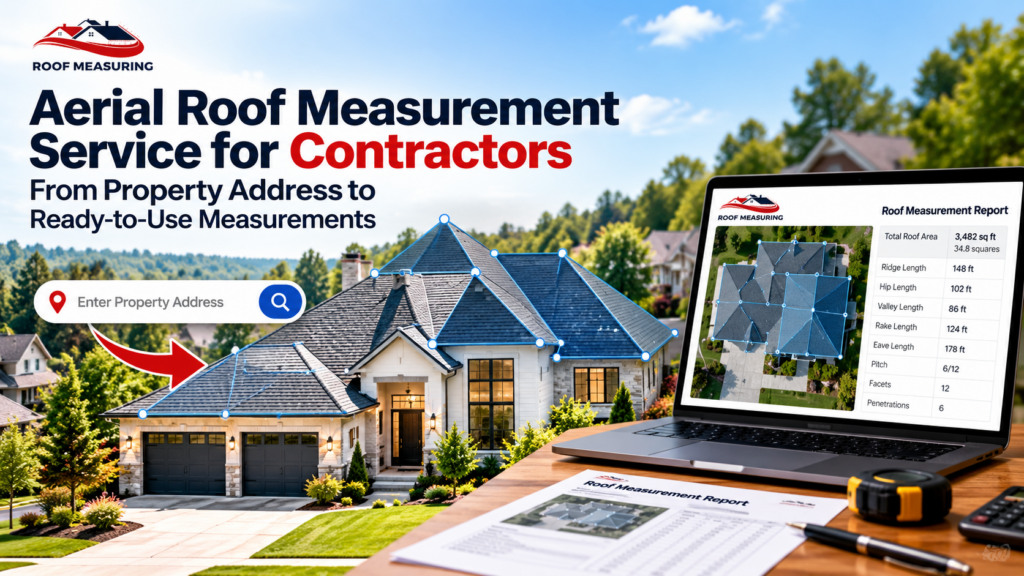 Aerial roof measurement service for roofing contractors showing roof dimensions and a detailed roof measurement report.