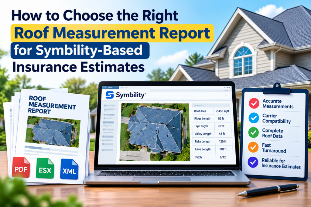 Symbility roof measurement report showing accurate roof measurements, ESX files, and insurance estimate data