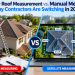 Satellite roof measurement vs manual measuring showing a residential roof with detailed digital roof dimensions and measurement lines