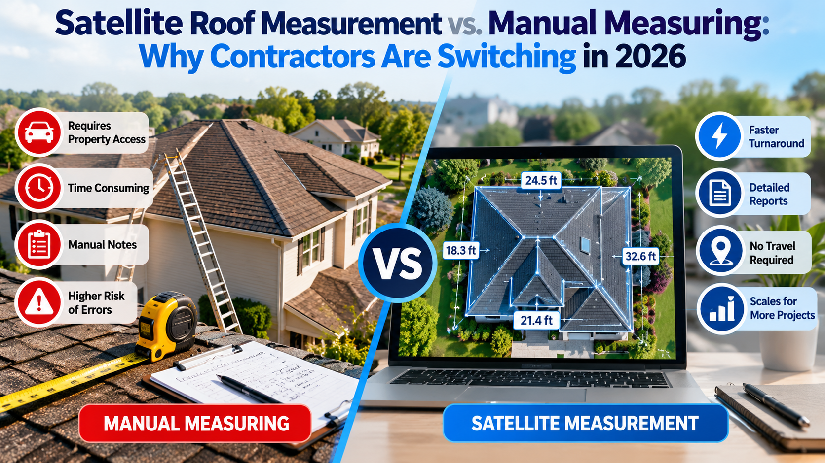 Satellite roof measurement vs manual measuring showing a residential roof with detailed digital roof dimensions and measurement lines